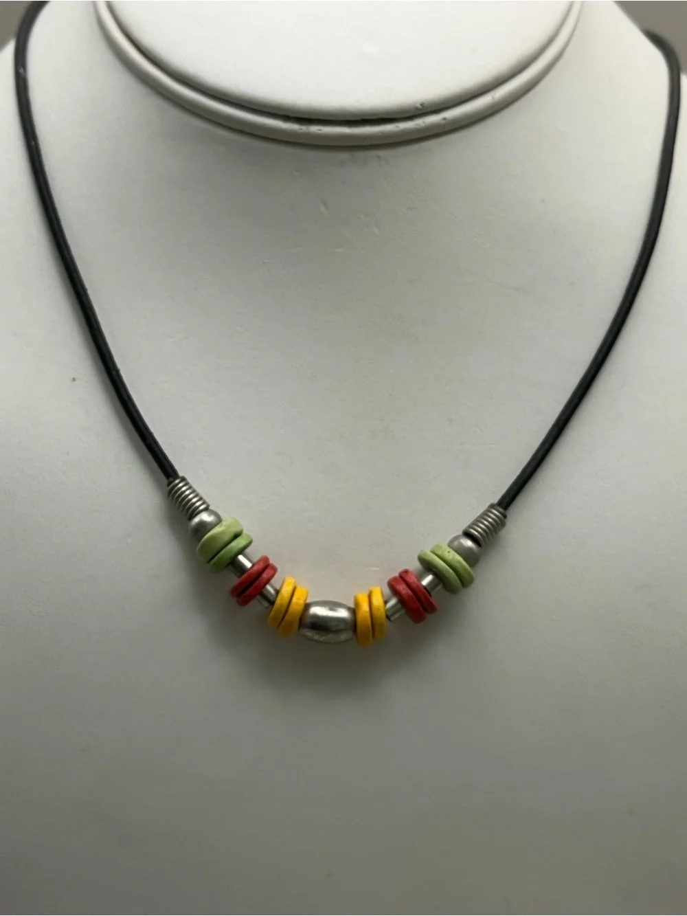 Vintage Modernist Colorful Disc Bead Necklace Black Cord Silver Tone 90s Y2K